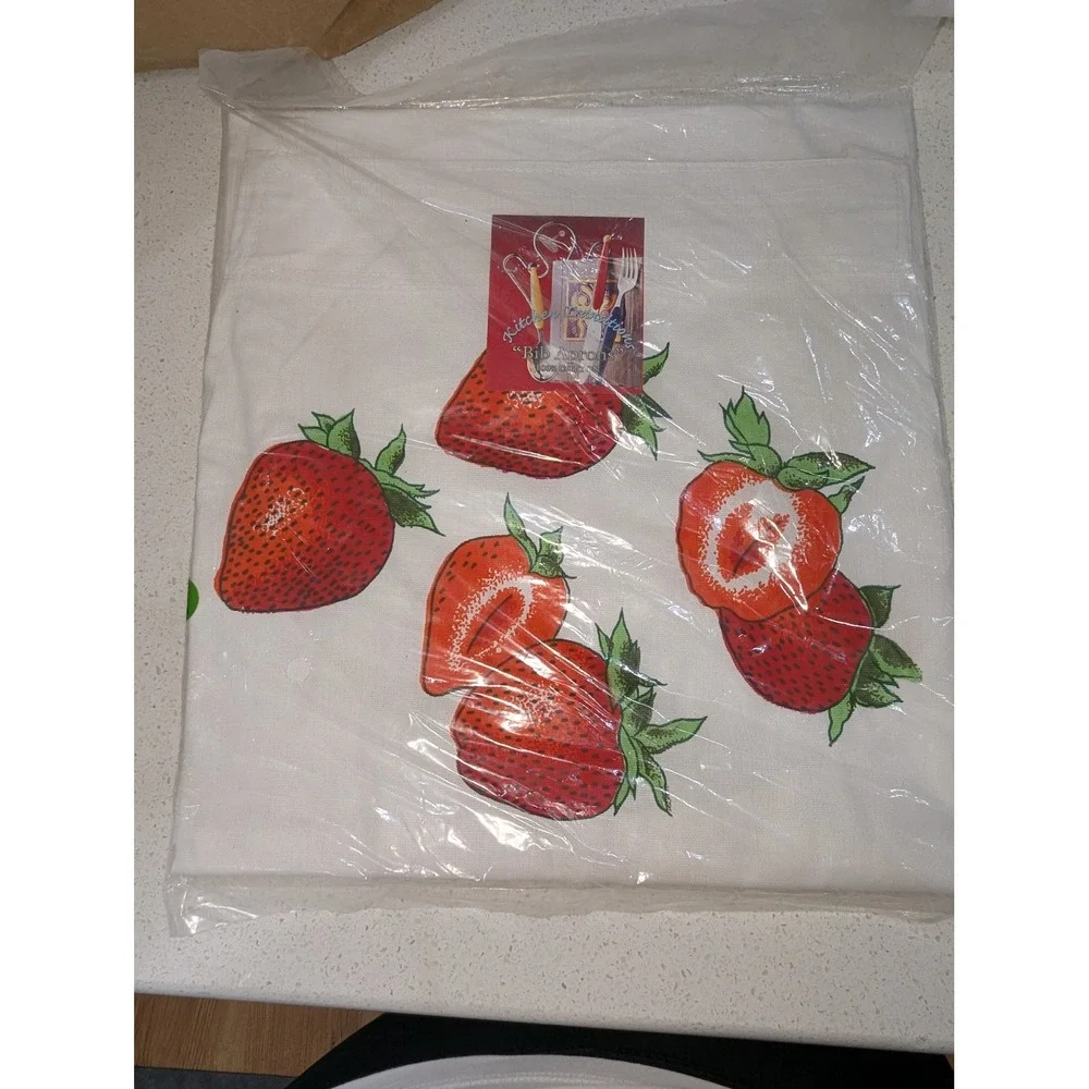 Kitchen Connection Bib Apron White Cotton Strawberry Print OS
